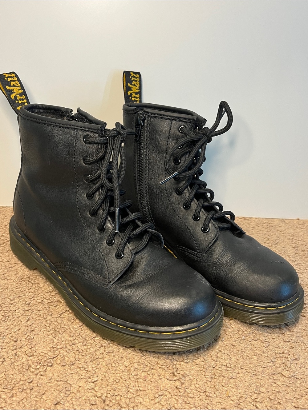 Dr. Martens Black Leather Lace-Up Combat Boots with Yellow Stitching